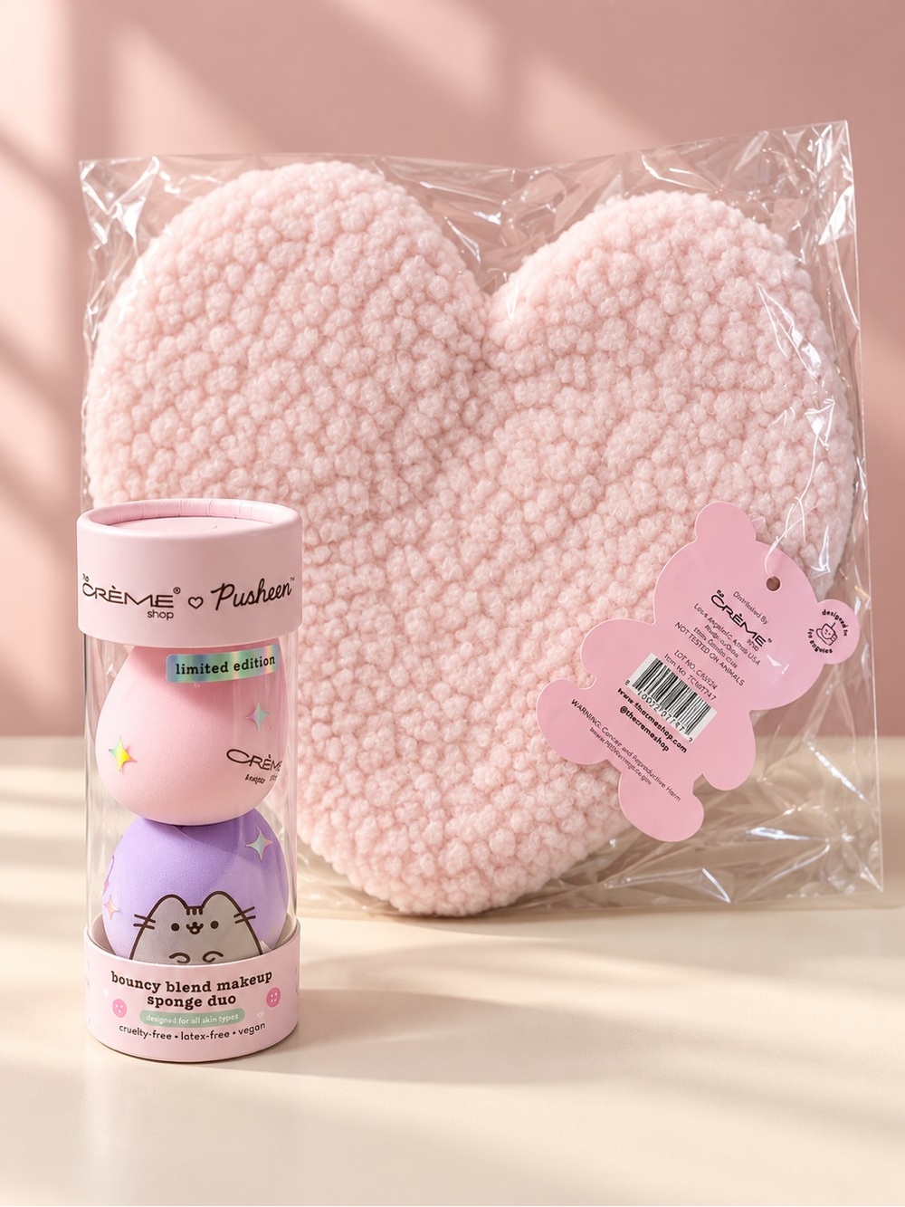 The Crème Shop Pink Heart Makeup Bag & Pusheen Sponge Duo Bundle